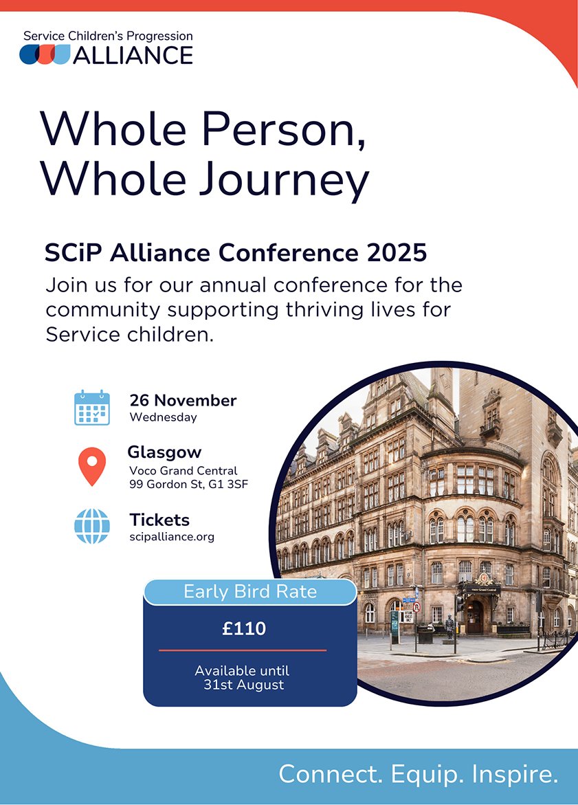📢 Join us in Glasgow for the SCiP Alliance Annual Conference 2025 

Explore a whole person, whole journey approach to supporting Service children. Early bird tickets open! Info &amp; booking: scipalliance.org/events/scip-al…

#Conference #MotMC