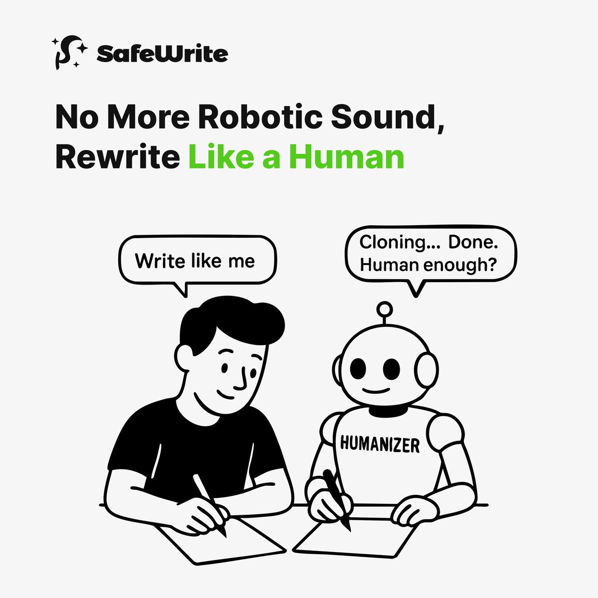 Safewrite_AI's tweet image. Trained on tons of human writing – No more awkward phrasing. Write natural human text with SafeWrite👉 safewrite.ai