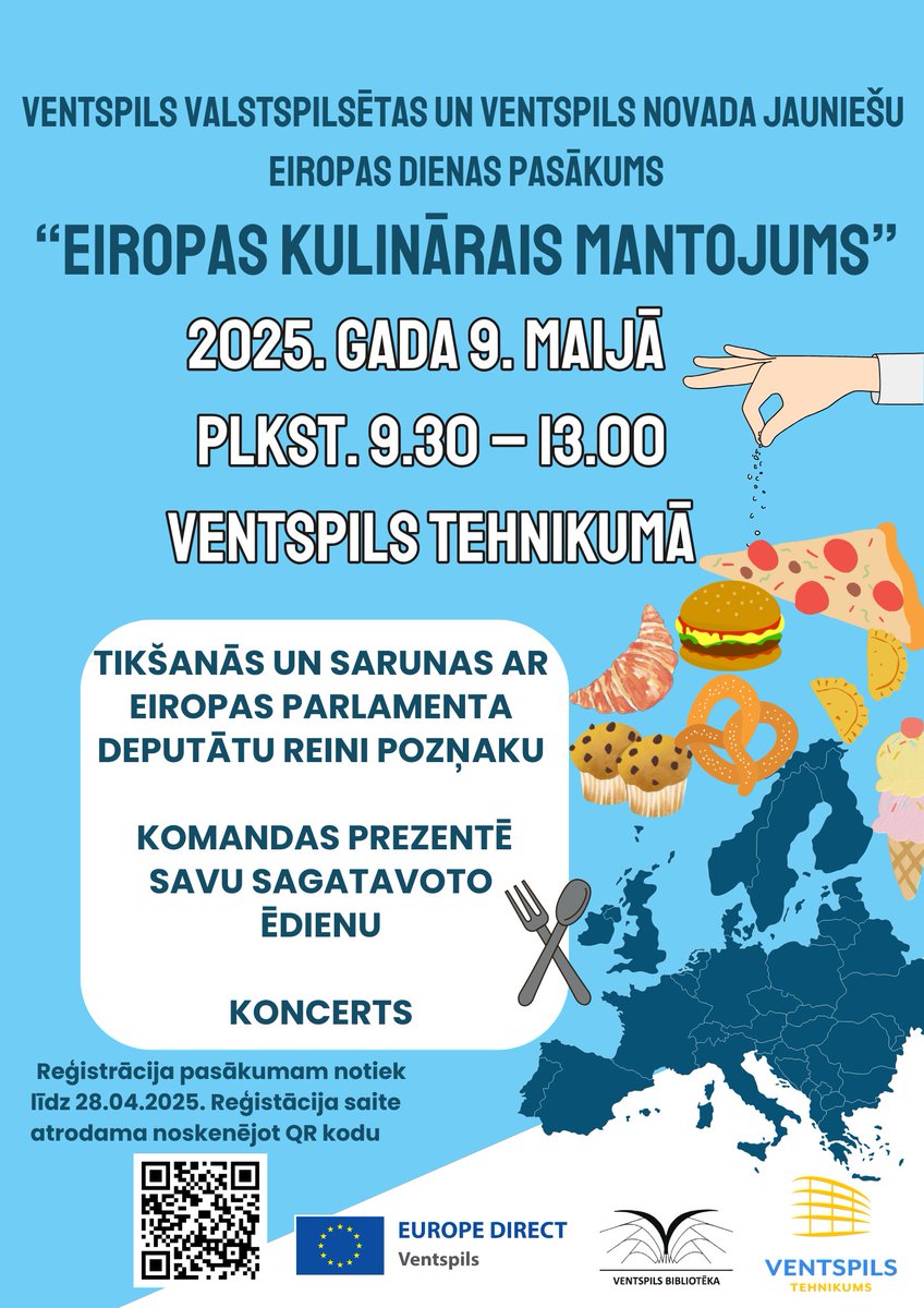 Aicinām 9. maijā kopā svinēt Eiropas dienu. Būs diskusija ar EP deputātu Reini Pozņaku, iepazīšanās ar 
ES dalībvalstīm caur šo valstu kulināro mantojumu un pasākuma noslēgumā – koncerts.Pasākumā tiek aicināti piedalīties Ventspils valstspilsētas un novada izglītības iestādes.