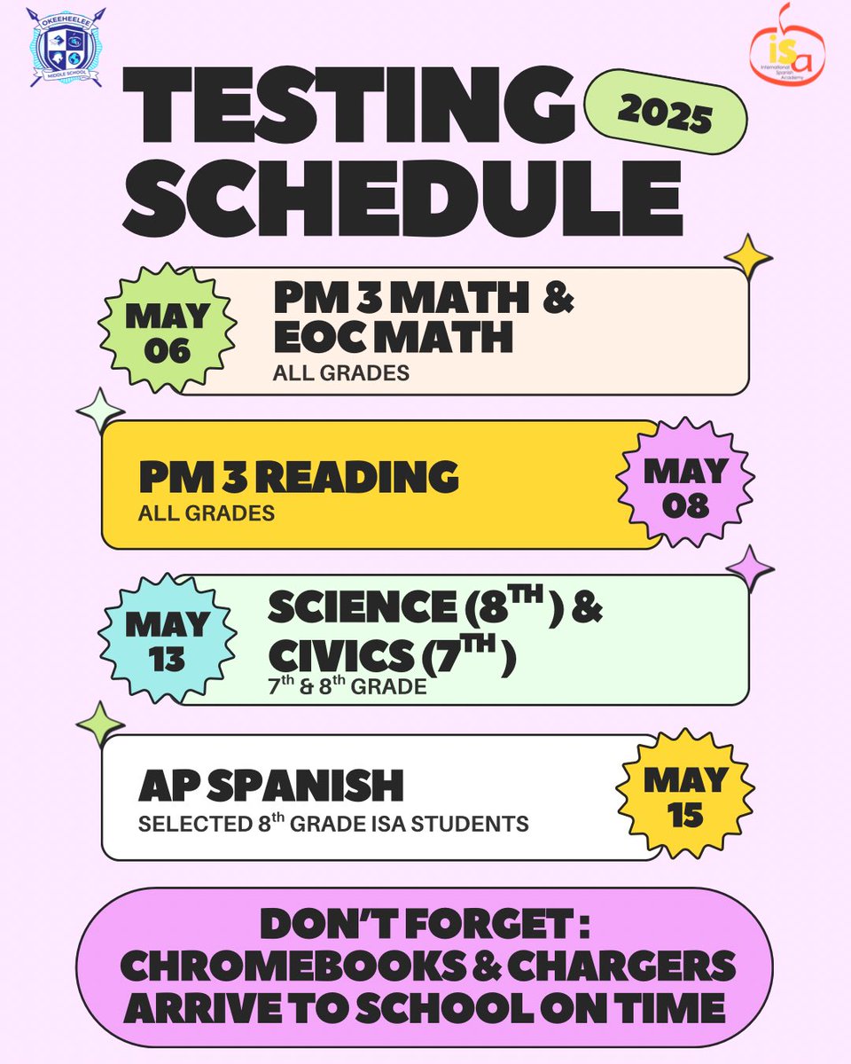 The 2025 testing season is here! Get ready to shine! 🌟

Important testing dates ahead! 🗓️