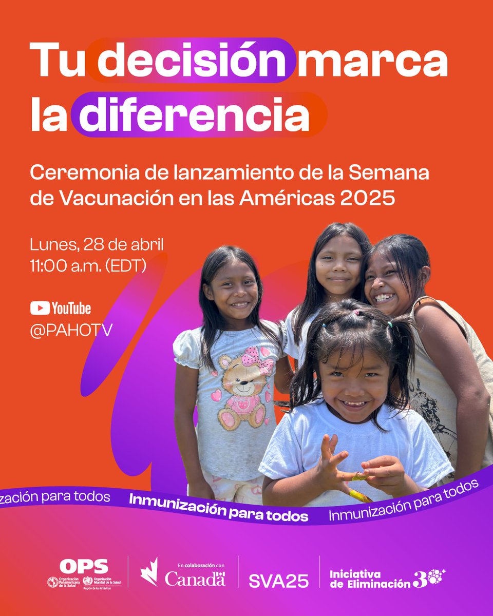 Conéctate a PAHO TV y únete virtualmente a la ceremonia de lanzamiento de la vigésimo tercera semana de Vacunación en las Américas que se celebra desde Panamá el lunes, 28 de abril a las 11am (EDT).

Tu decisión marca la diferencia.
#InmunizaciónParaTodos

youtube.com/@PAHOTV/streams