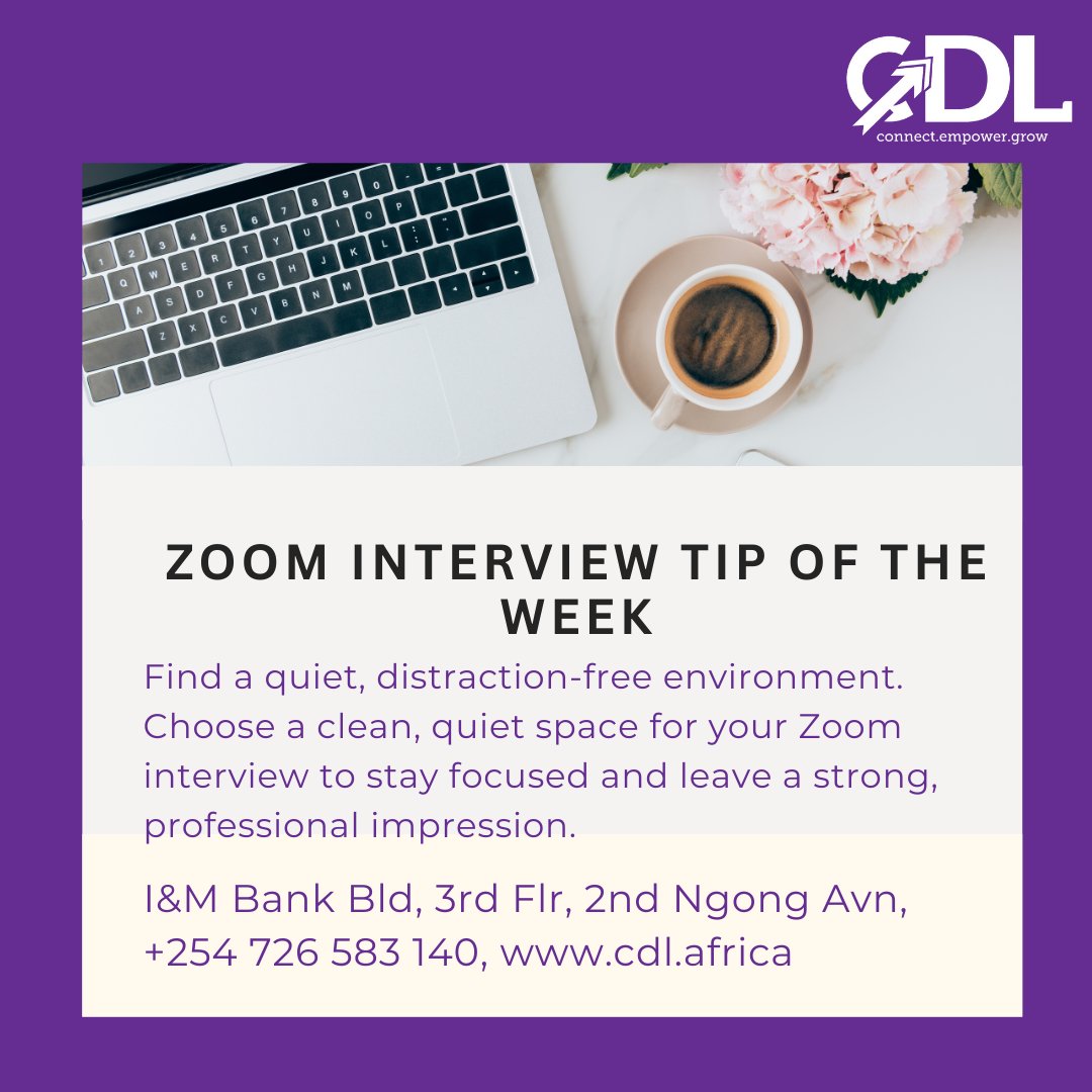 CDLAfrica's tweet image. Ace Your Next Zoom Interview!

A great interview starts with the right environment. This week’s tip reminds you to find a quiet, distraction-free space to stay focused and make a strong, professional impression. Small details make a big difference!

#InterviewTips #ZoomInterview