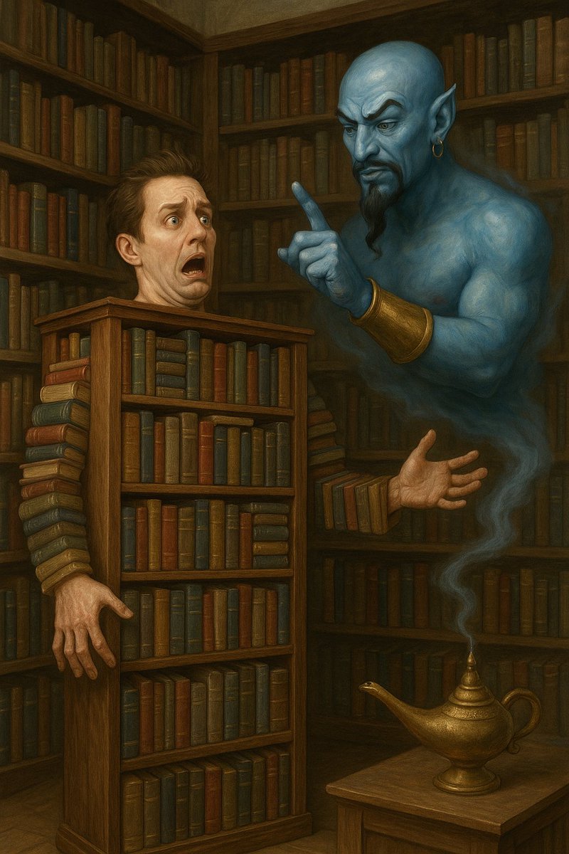 #Viral |Memes del genio de la lámpara:

"¡Quiero absorber todo el conocimiento de esta biblioteca!"

El genio sonrió...😅
Ahora eres un estante gigante, inmóvil, cargando miles de libros para siempre.

¡El genio mal interpretó mi deseo!🧞‍♂️