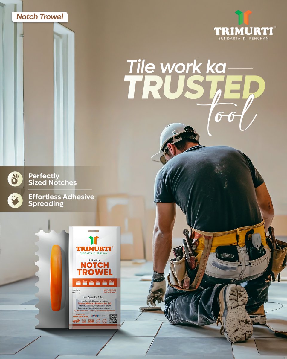 Trimurtiproduc's tweet image. Perfectly sized notches, effortless adhesive spreading – Trimurti’s Notch Trowel is the trusted tool every tile expert needs! 🛠✨ #TrimurtiTools #Trimurti #TileInstallation #TilingTool