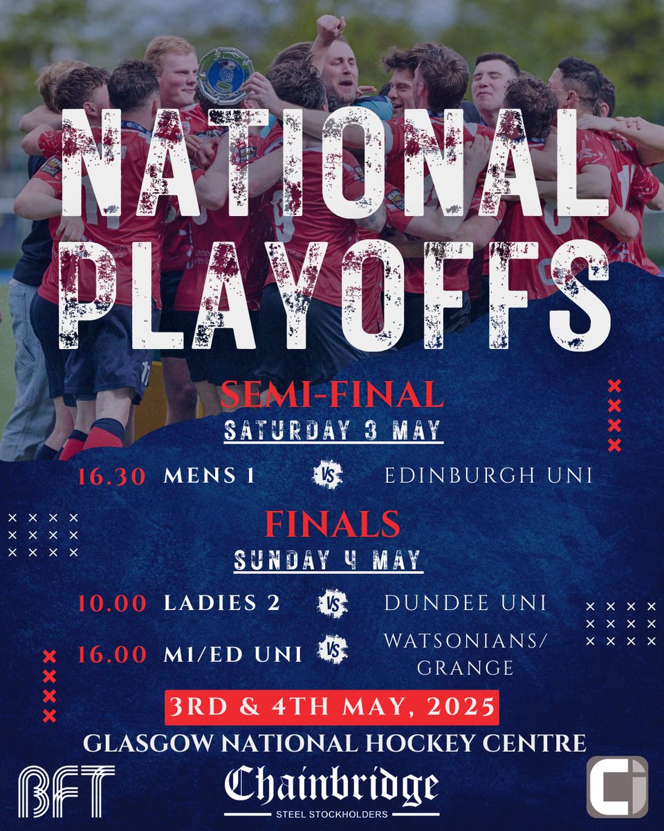 🏆 Playoff and Grand Finals 🏆

Get along to Glasgow Green on Saturday and Sunday to support our Men’s 1s and Ladies 2s in their quests for championship glory and promotion respectively! 
Ticket and live stream information can be found on Scottish Hockey website. #MTC