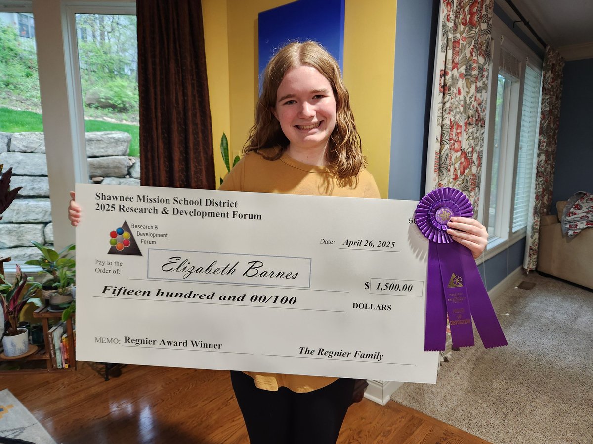 Elizabeth Barnes (@erbarnes79) on Twitter photo I am honored to receive the Regnier Award at the SMSD Research and Development Forum for my research on altered neurogenesis! It is the top award for high schoolers in our district.
Thank you <a href="/theSMSD/">SM School District</a> <a href="/theSMEF/">Shawnee Mission Education Foundation</a> <a href="/DrMichaelSchum1/">Dr. Mike Schumacher</a> <a href="/SMSDWiL/">SMSD Women in Leadership Program</a> <a href="/SMWestOffice/">SM West Office</a> <a href="/smsd_caa/">SMSDCAA</a> I am honored to receive the Regnier Award at the SMSD Research and Development Forum for my research on altered neurogenesis! It is the top award for high schoolers in our district.
Thank you <a href="/theSMSD/">SM School District</a> <a href="/theSMEF/">Shawnee Mission Education Foundation</a> <a href="/DrMichaelSchum1/">Dr. Mike Schumacher</a> <a href="/SMSDWiL/">SMSD Women in Leadership Program</a> <a href="/SMWestOffice/">SM West Office</a> <a href="/smsd_caa/">SMSDCAA</a>