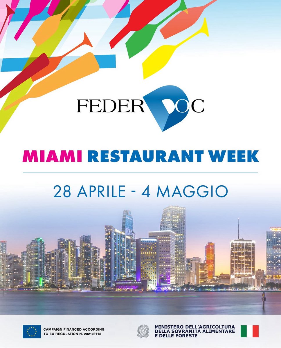 Dal 28 aprile al 4 maggio, nella stessa settimana del Gran Premio di Formula 1, saremo a #Miami per la #Restaurant Week. In dieci ristoranti selezionati distribuiremo materiale informativo, organizzeremo eventi e degustazioni di #vini italiani a #Denominazione di Origine.