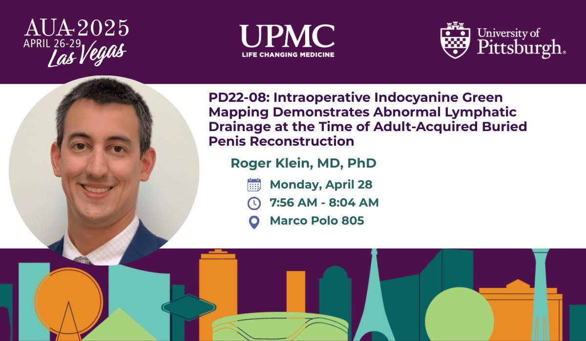 UPMC Urology (@upmcurology) on Twitter photo Coming up at 7:56AM, stop by Marco Polo 805 for Dr. <a href="/RogerKleinMDPhD/">Roger Klein, MD, PhD</a>'s presentation: Intraoperative Indocyanine Green Mapping Demonstrates Abnormal Lymphatic Drainage at the Time of Adult-Acquired Buried Penis Reconstruction. #AUA25 Coming up at 7:56AM, stop by Marco Polo 805 for Dr. <a href="/RogerKleinMDPhD/">Roger Klein, MD, PhD</a>'s presentation: Intraoperative Indocyanine Green Mapping Demonstrates Abnormal Lymphatic Drainage at the Time of Adult-Acquired Buried Penis Reconstruction. #AUA25