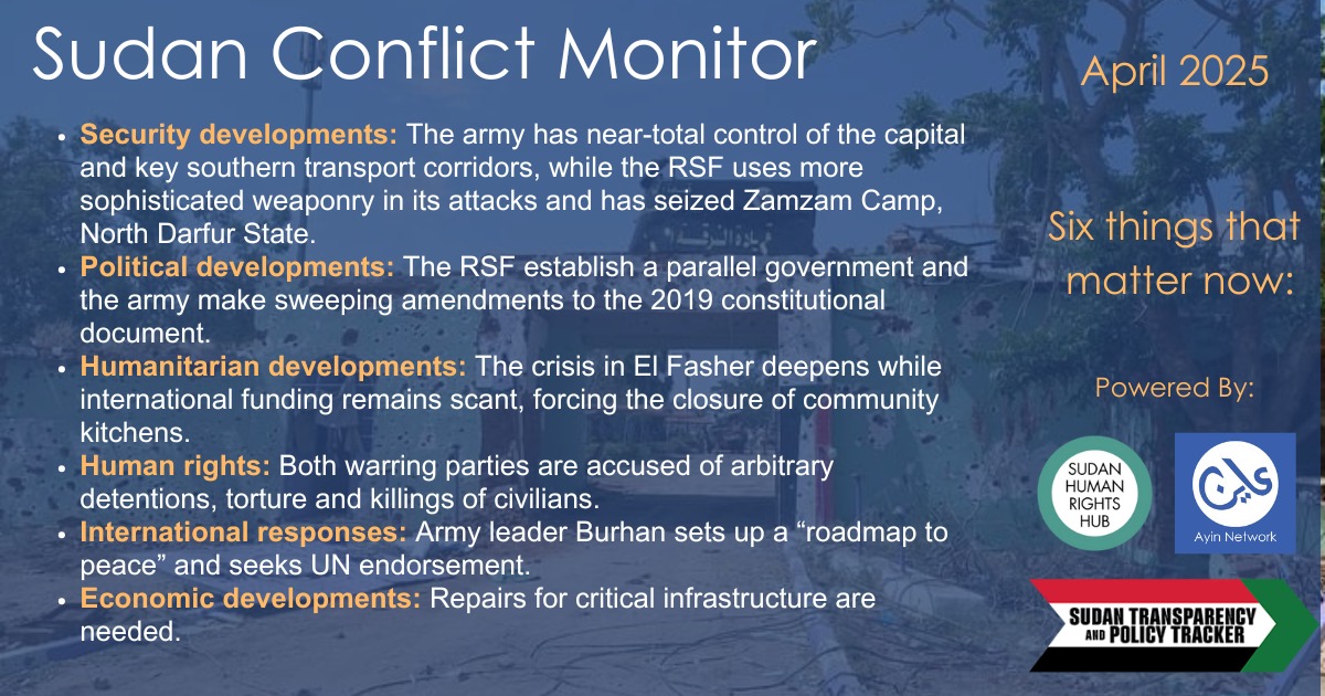Sudan Transparency and Policy Tracker (@infosudantrans1) on Twitter photo STPT, together with <a href="/AyinSudan/">Ayin Network - شبكة عاين</a> and <a href="/SudanHRH/">Sudan Human Rights Hub</a>, have just released our 19th Sudan Conflict Monitor, covering army advances in Khartoum, RSF advances in North Darfur and much more. sudantransparency.org/wp-content/upl… STPT, together with <a href="/AyinSudan/">Ayin Network - شبكة عاين</a> and <a href="/SudanHRH/">Sudan Human Rights Hub</a>, have just released our 19th Sudan Conflict Monitor, covering army advances in Khartoum, RSF advances in North Darfur and much more. sudantransparency.org/wp-content/upl…