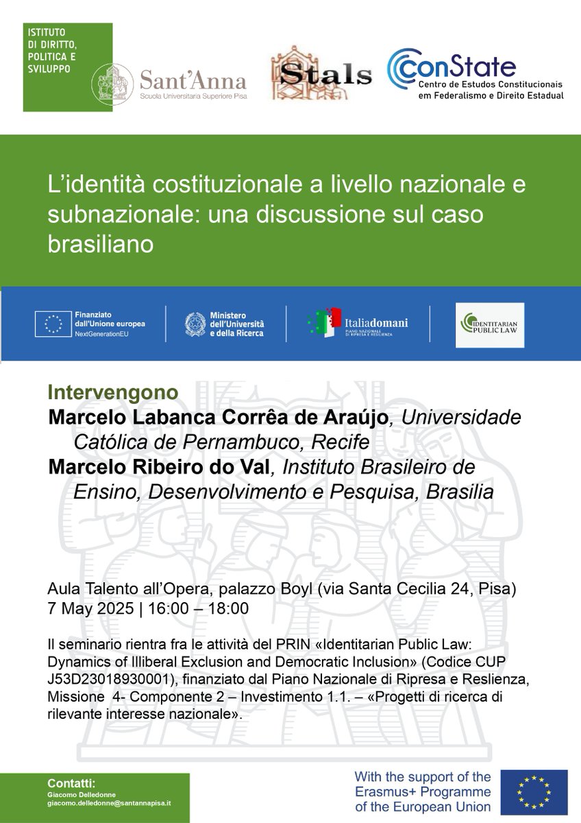 Giacomo Delledonne (@g_delledonne) on Twitter photo 7 maggio, <a href="/ScuolaSantAnna/">ScuolaSantAnna</a>: un seminario sull'identità costituzionale in Brasile, che nasce dalla collaborazione fra <a href="/StalsPisa/">STALS Sant'Anna Legal Studies</a> e Constate <a href="/Unicap/">Unicap 🦚</a>. Interverranno <a href="/marcelo_labanca/">Marcelo Labanca</a> e Marcelo Ribeiro do Val. Il seminario rientra fra le attività del PRIN Identitarian Public Law. 7 maggio, <a href="/ScuolaSantAnna/">ScuolaSantAnna</a>: un seminario sull'identità costituzionale in Brasile, che nasce dalla collaborazione fra <a href="/StalsPisa/">STALS Sant'Anna Legal Studies</a> e Constate <a href="/Unicap/">Unicap 🦚</a>. Interverranno <a href="/marcelo_labanca/">Marcelo Labanca</a> e Marcelo Ribeiro do Val. Il seminario rientra fra le attività del PRIN Identitarian Public Law.