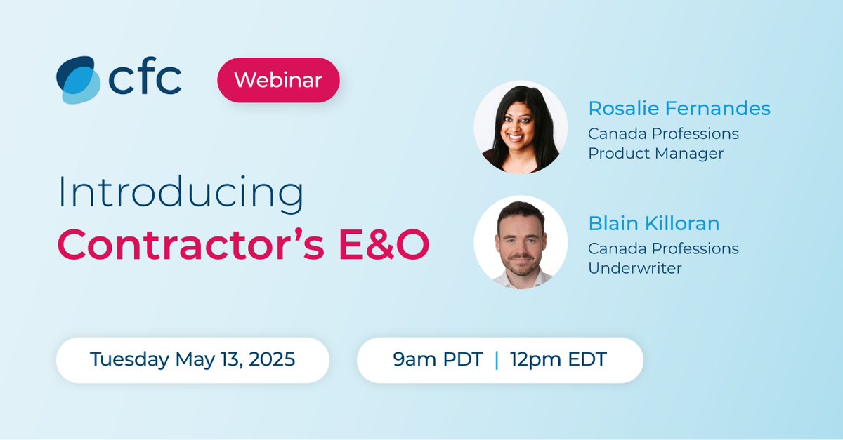 🏗️ New insurance requirements are coming for Canadian contractors. Join our May 13 webinar as Rosalie and Blain introduce Contractor’s E&amp;O, our new product built for today’s construction professionals.

Register 👉 hubs.la/Q03k0VPl0

#CFC #EandO #insurance