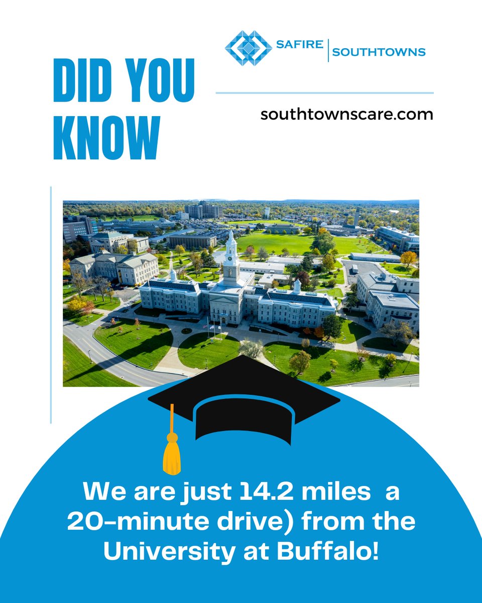 Did you know? Southtowns is just 14.2 miles—only a 20-minute drive—from the University at Buffalo! We're proud to be part of this vibrant community, providing care and support. 🌟 

#SkilledNursing #OurCommunity #UniversityatBuffalo #BuffaloNY #CommunityCare #UBFamily #Southtowns