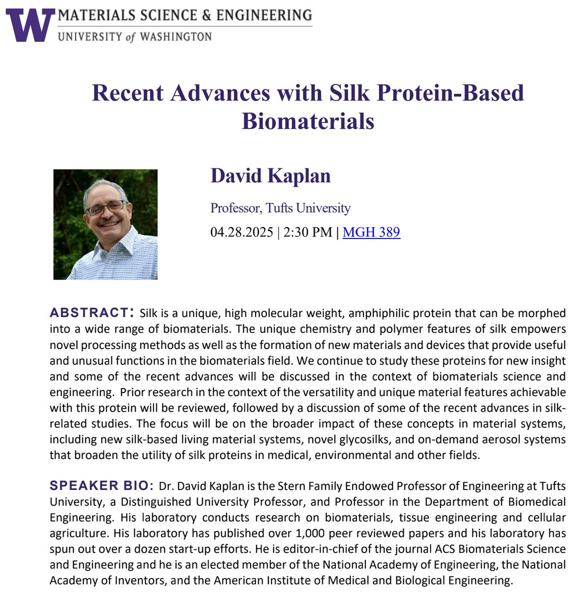 Eleftheria Roumeli (@eroumeli) on Twitter photo Super excited to welcome <a href="/KaplanLab_Tufts/">David Kaplan</a> for today's <a href="/uw_mse/">Materials Science & Engineering at UW</a> seminar! Looking forward to talk about #proteins, #biopolymers & #sustainability! Super excited to welcome <a href="/KaplanLab_Tufts/">David Kaplan</a> for today's <a href="/uw_mse/">Materials Science & Engineering at UW</a> seminar! Looking forward to talk about #proteins, #biopolymers & #sustainability!