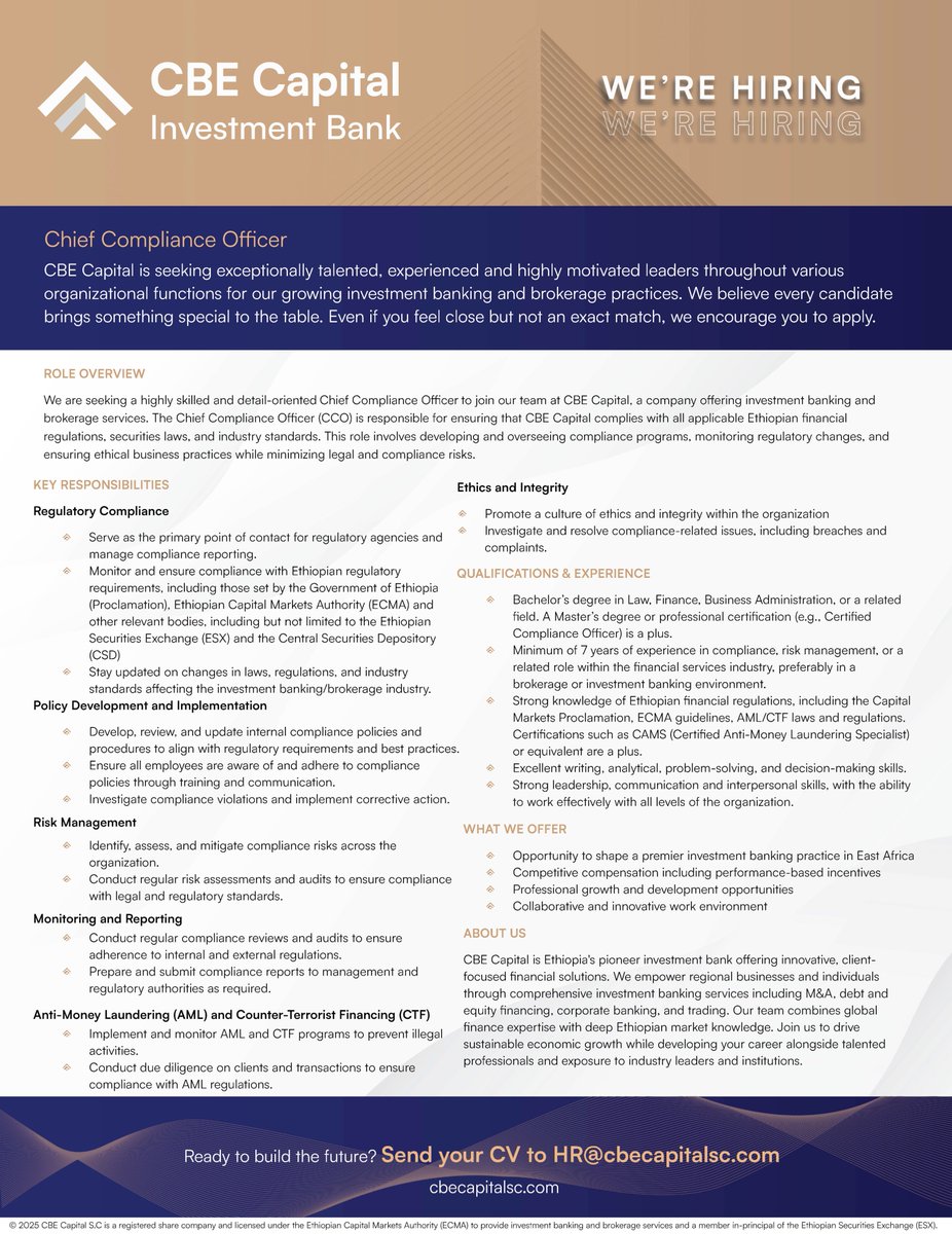 We’re Hiring! CBE Capital Investment Bank is hiring a Chief Compliance Officer for our Investment Banking Group. See attached details.

Website: cbecapitalsc.com
