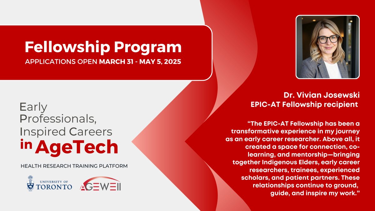 ⏰ Calling all graduate students, postdocs &amp; early career researchers! Apply now for the EPIC-AT Health Research Training Platform Fellowships, offering funding &amp; exclusive training to drive innovation in digital health solutions for older adults: agewell-epic.ca/program/
