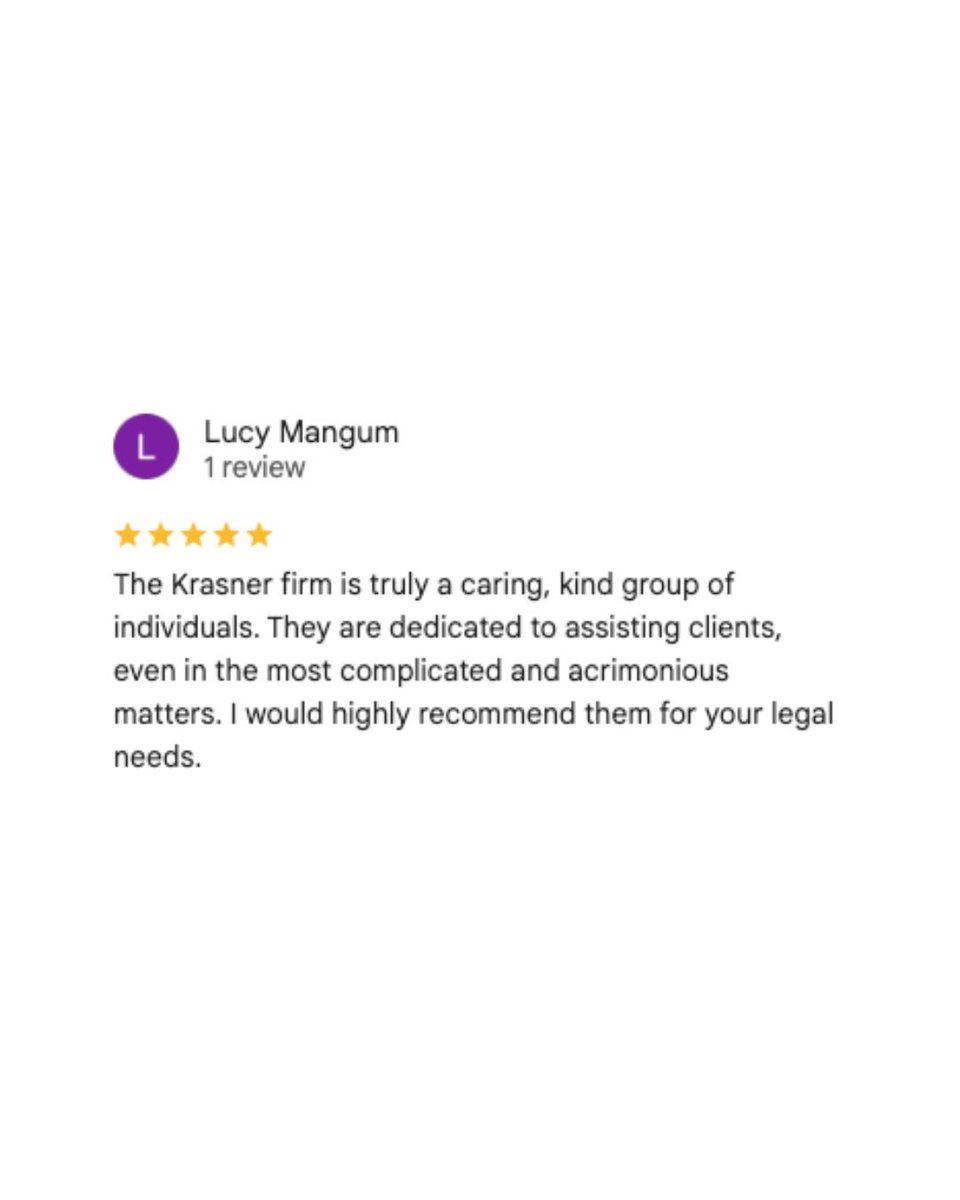 KrasnerLaw's tweet photo. Review Spotlight:
“The Krasner firm is truly a caring, kind group of individuals. They are dedicated to assisting clients, even in the most complicated and acrimonious matters.”

Attorney Advertising – Prior results do not guarantee future outcomes

#KrasnerLaw #FamilyLaw https://t.co/0sMAWFRSqN