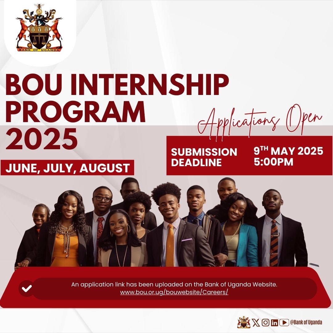 JobClinicug (@jobclinicug) on Twitter photo INTERNSHIP ALERT
<a href="/BOU_Official/">Bank of Uganda</a> annual Internship Program 2025 is now open for applications.
On offer are 1-month internships for university students in June, July, or August 2025.
Click here to apply: forms.office.com/pages/response…
#InternshipUganda #ApplyNow INTERNSHIP ALERT
<a href="/BOU_Official/">Bank of Uganda</a> annual Internship Program 2025 is now open for applications.
On offer are 1-month internships for university students in June, July, or August 2025.
Click here to apply: forms.office.com/pages/response…
#InternshipUganda #ApplyNow