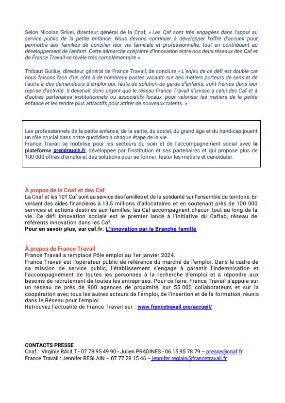Allocations Familiales (@cnaf_actus) on Twitter photo #Communiqué de #Presse 🗞
La <a href="/cnaf_actus/">Allocations Familiales</a> & <a href="/FranceTravail/">France Travail</a> lancent des solutions innovantes pour les métiers de la petite enfance !
Face à la pénurie de professionnels, 5 projets concrets ont été sélectionnés pour renforcer l'attractivité des métiers : formation, campagnes de #Communiqué de #Presse 🗞
La <a href="/cnaf_actus/">Allocations Familiales</a> & <a href="/FranceTravail/">France Travail</a> lancent des solutions innovantes pour les métiers de la petite enfance !
Face à la pénurie de professionnels, 5 projets concrets ont été sélectionnés pour renforcer l'attractivité des métiers : formation, campagnes de
