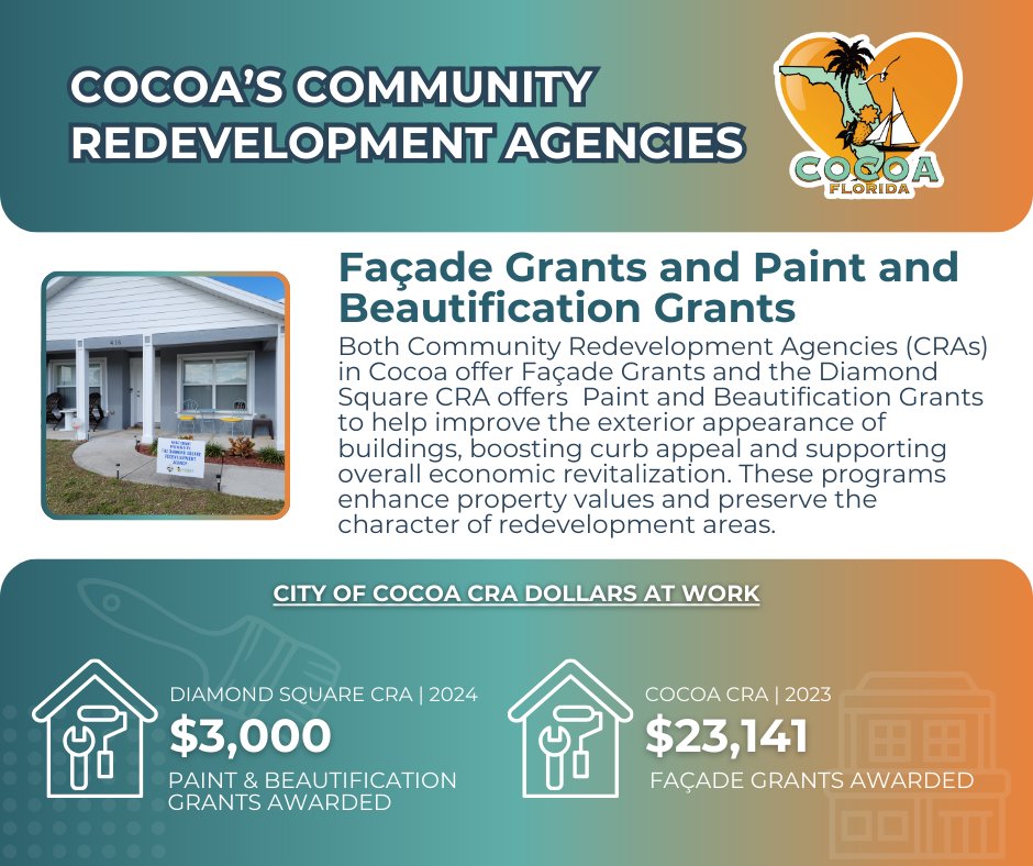 CityofCocoa's tweet image. 🛠️ Cocoa’s CRAs offer Façade, Paint &amp;amp; Beautification Grants to boost curb appeal, support local investment &amp;amp; revitalize neighborhoods. More funding now available! 🧡💎 Learn more: cocoafl.gov/1724/Community… 

#RedevelopmentWorks