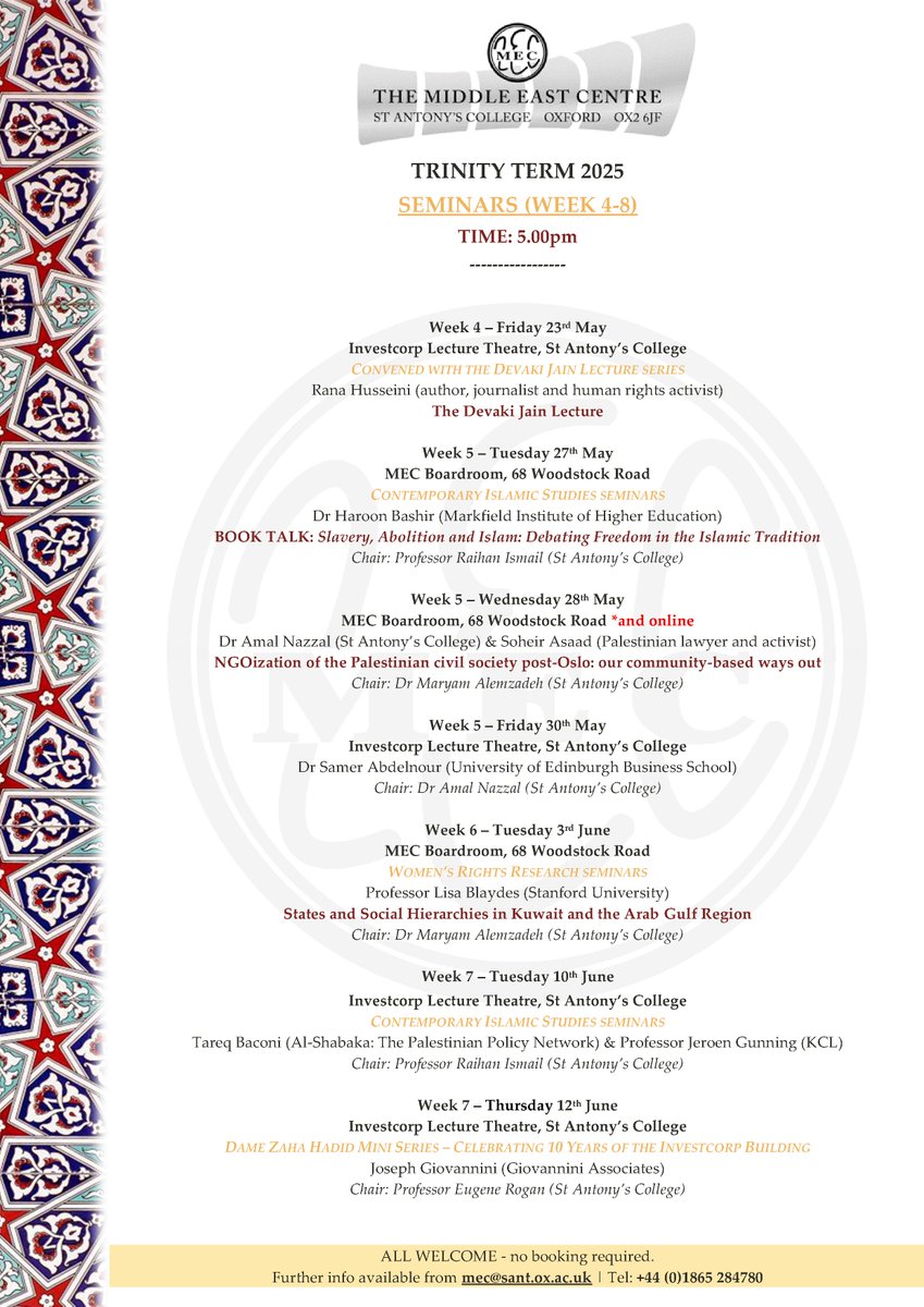 OxfordUniversityMEC (@oxfordmec) on Twitter photo We are pleased to share our new seminar programme for Trinity Term 2025 - full details of this term's events can also be found online herešsant.ox.ac.uk/middle-east-ceā¦
<a href="/StAntsCollege/">St Antony's College, University of Oxford</a>
<a href="/FAMESOx/">Faculty of Asian and Middle Eastern Studies</a>
<a href="/OSGAOxford/">Oxford School of Global & Area Studies</a>
<a href="/OxfordHistory/">Oxford History</a>
<a href="/oxford_anthro/">Oxford Anthropology</a>
<a href="/Politics_Oxford/">Oxford Politics and IR</a>
<a href="/ODID_QEH/">ODID</a>
<a href="/AsianStudies_Ox/">Asian Studies Centre</a> We are pleased to share our new seminar programme for Trinity Term 2025 - full details of this term's events can also be found online herešsant.ox.ac.uk/middle-east-ceā¦
<a href="/StAntsCollege/">St Antony's College, University of Oxford</a>
<a href="/FAMESOx/">Faculty of Asian and Middle Eastern Studies</a>
<a href="/OSGAOxford/">Oxford School of Global & Area Studies</a>
<a href="/OxfordHistory/">Oxford History</a>
<a href="/oxford_anthro/">Oxford Anthropology</a>
<a href="/Politics_Oxford/">Oxford Politics and IR</a>
<a href="/ODID_QEH/">ODID</a>
<a href="/AsianStudies_Ox/">Asian Studies Centre</a>