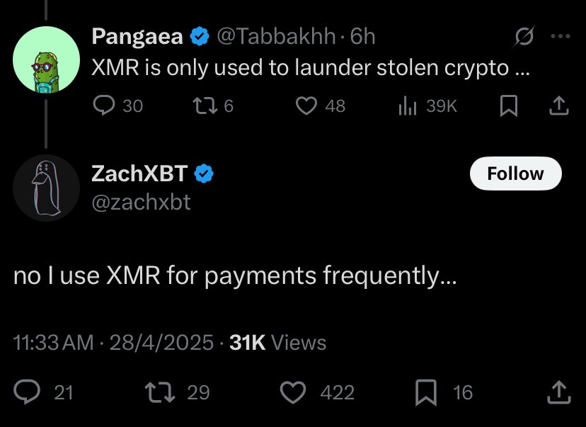 Crazy how <a href="/zachxbt/">ZachXBT</a> using privacy coins like $XMR for actual payments shocks people more than laundering stories.