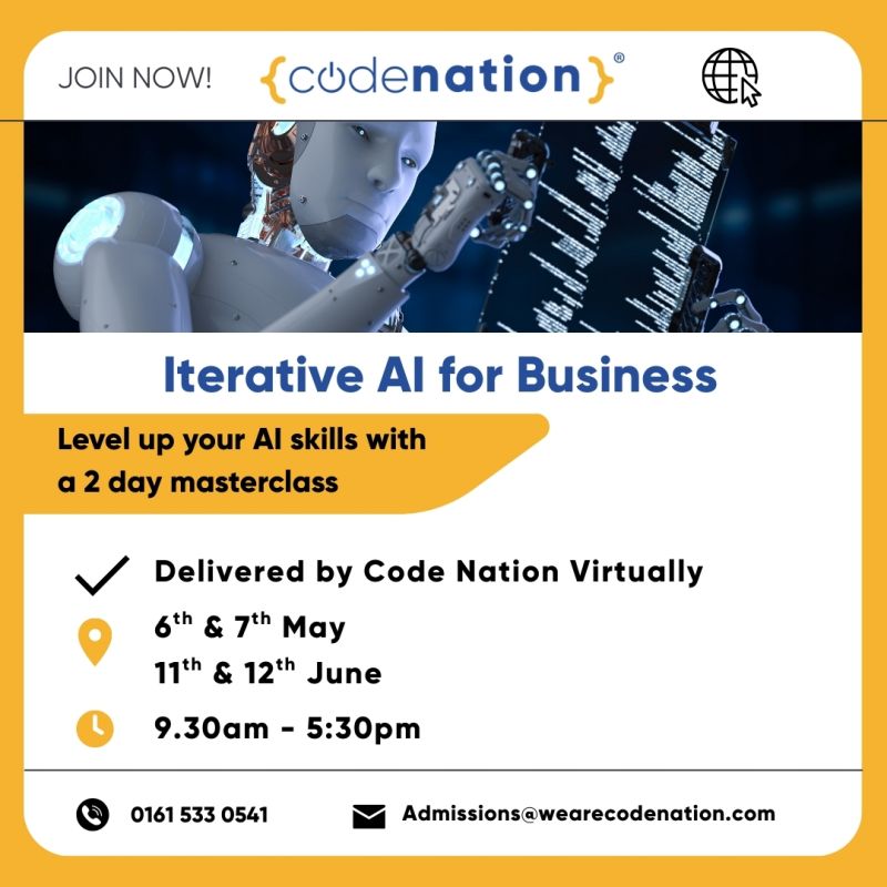 Code Nation (@wearecodenation) on Twitter photo Join our 2-day Iterative AI for Business course, focused on real-world applications of Generative AI & Large Language Models.
๐
6&7 May & 11&12 June ๐ทยฃ325
๐ป Remote
๐ 0161 533 0541
๐ง Admissions@wearecodenation.com Join our 2-day Iterative AI for Business course, focused on real-world applications of Generative AI & Large Language Models.
๐
6&7 May & 11&12 June ๐ทยฃ325
๐ป Remote
๐ 0161 533 0541
๐ง Admissions@wearecodenation.com