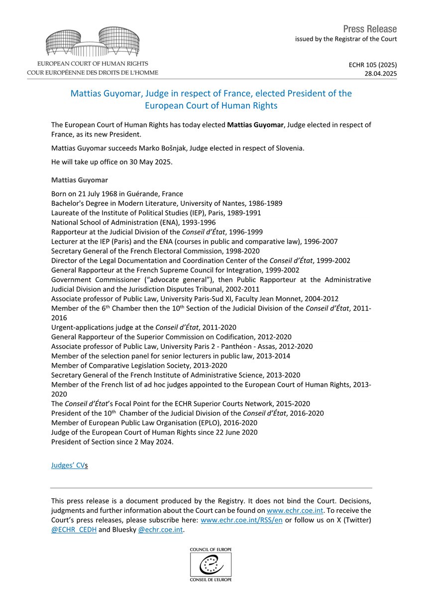Mattias Guyomar elected President of the ECHR
hudoc.echr.coe.int/app/conversion…
#ECHR #CEDH #ECHRpress
