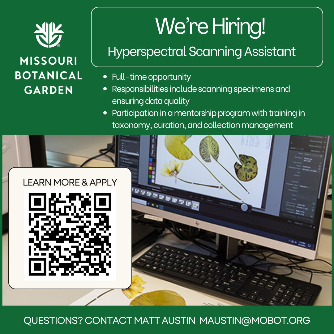 Living Earth Collaborative (@lecbiodiversity) on Twitter photo 🌿 Join the Missouri Botanical Garden team!
<a href="/mobotgarden/">MO Botanical Garden</a> is hiring a Hyperspectral Scanning Assistant for the Revolutionizing Species Identification Project!
Apply today: jobs.dayforcehcm.com/en-US/mbg/CAND…
#NowHiring #ScienceJobs #Biodiversity #PlantScience 🌿 Join the Missouri Botanical Garden team!
<a href="/mobotgarden/">MO Botanical Garden</a> is hiring a Hyperspectral Scanning Assistant for the Revolutionizing Species Identification Project!
Apply today: jobs.dayforcehcm.com/en-US/mbg/CAND…
#NowHiring #ScienceJobs #Biodiversity #PlantScience