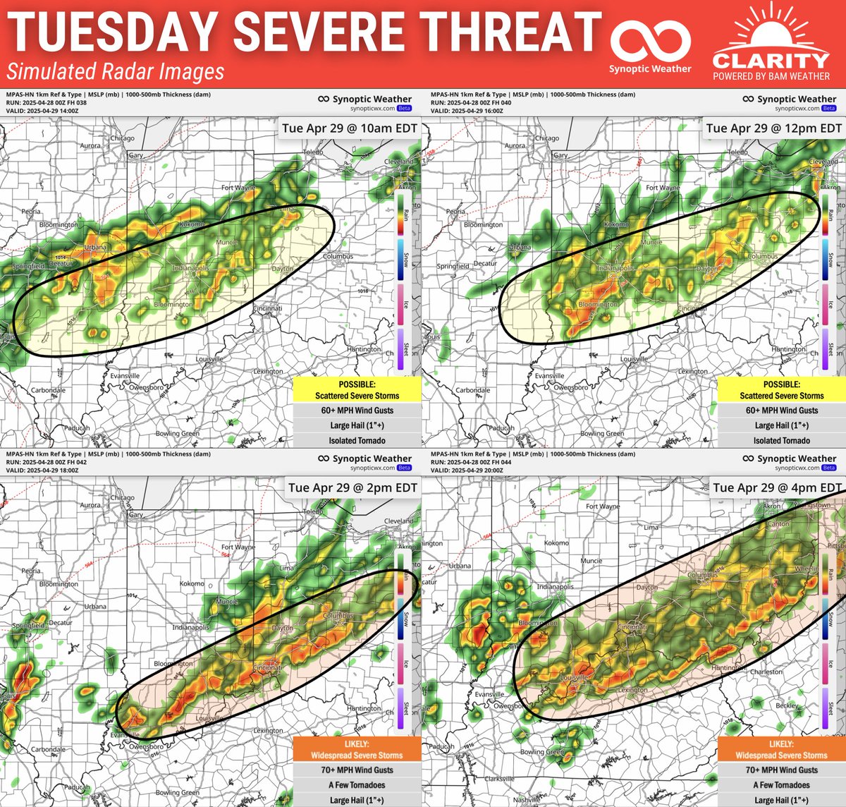 SEVERE WEATHER THREAT UPDATE:
Timing has sped up with storms moving along the I-70 corridor tomorrow morning. Damaging winds, large hail and an isolated tornado possible.

A more intense wind and higher tornado threat will shift south in the afternoon. Full forecast video