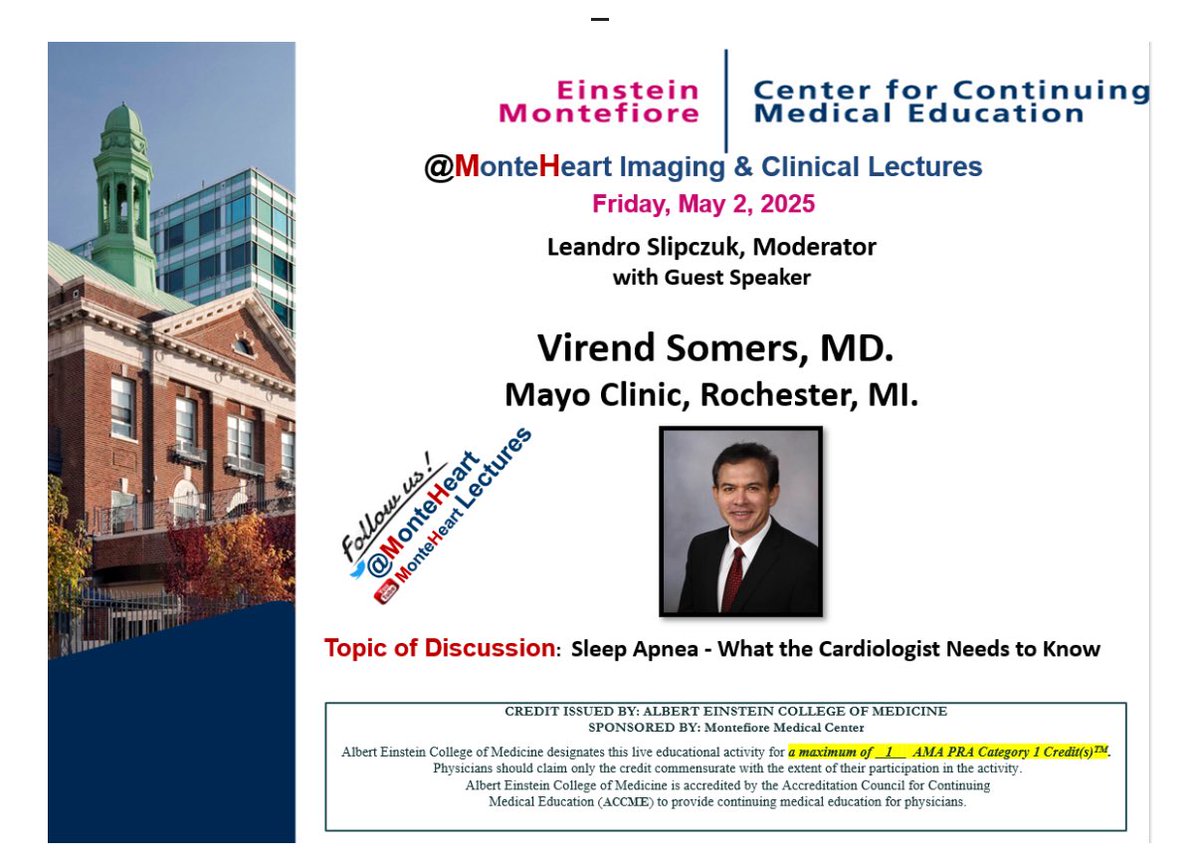 Montefiore Heart (@monteheart) on Twitter photo Join us for another <a href="/MonteHeart/">Montefiore Heart</a> Lecture!
ποΈ May 2, 2025 | π 12β1 PM EST
π€ Dr. Virend Somers (<a href="/MayoClinic/">Mayo Clinic</a>)
ποΈ Sleep Apnea: What Cardiologists Need to Know
ποΈ Moderator: <a href="/CardioMDPhD/">Leandro Slipczuk</a>
π: einsteinmed.zoom.us/j/94170046499
π: einsteinmed.zoom.us/u/abo8AwxNx2
#CardioTwitter #Cardiology Join us for another <a href="/MonteHeart/">Montefiore Heart</a> Lecture!
ποΈ May 2, 2025 | π 12β1 PM EST
π€ Dr. Virend Somers (<a href="/MayoClinic/">Mayo Clinic</a>)
ποΈ Sleep Apnea: What Cardiologists Need to Know
ποΈ Moderator: <a href="/CardioMDPhD/">Leandro Slipczuk</a>
π: einsteinmed.zoom.us/j/94170046499
π: einsteinmed.zoom.us/u/abo8AwxNx2
#CardioTwitter #Cardiology