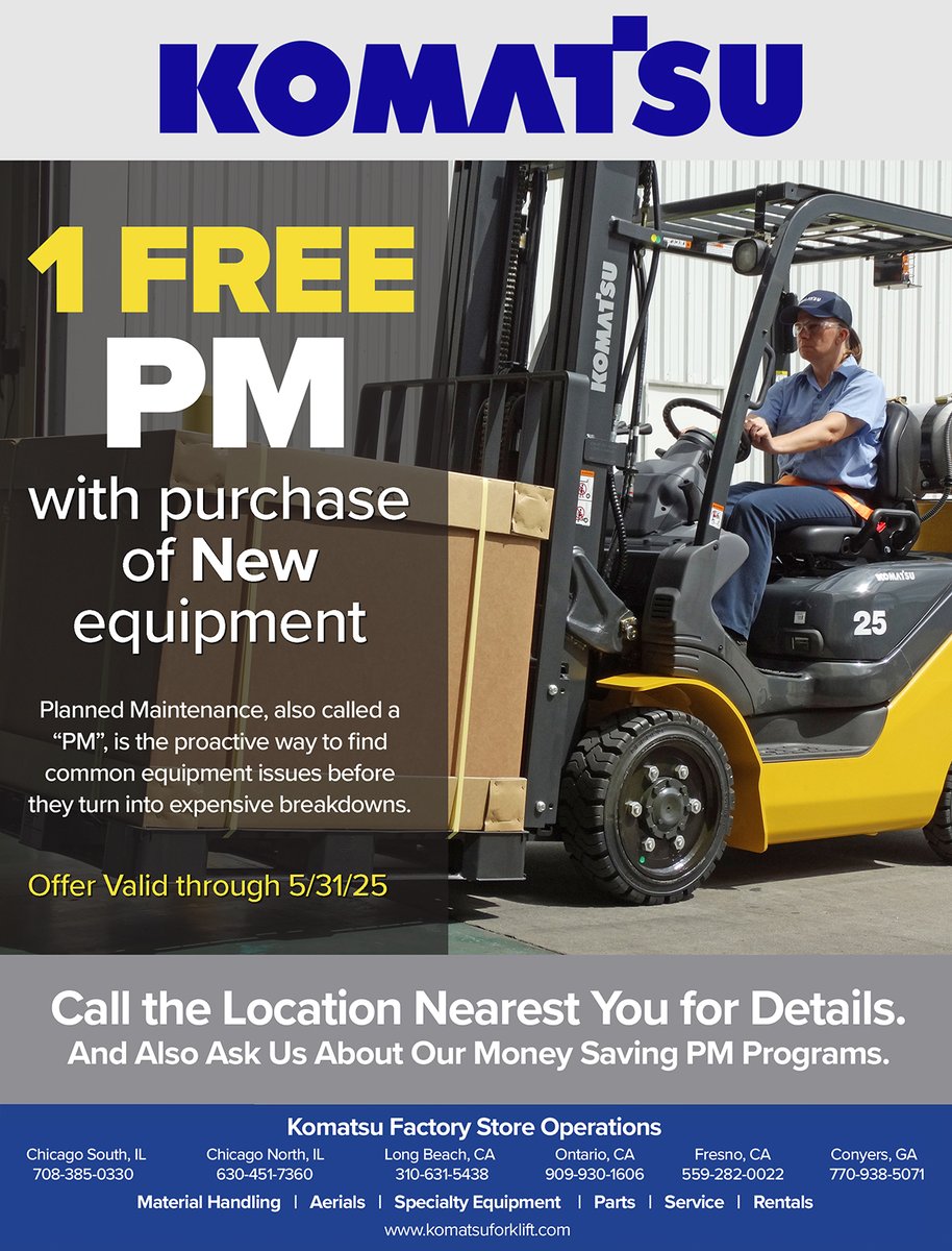 1 FREE PM with purchase of new equipment. Valid through 5/31/25.  Planned Maintenance, also called a “PM”, is the proactive way to find common equipment issues before they turn into expensive breakdowns. 

Call 770-938-5071  #Komatsu #forklift #SupplyChain #logistics #Atlanta
