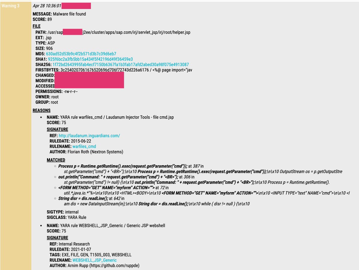 nextronresearch's tweet image. A third webshell (nzwcnktc.jsp) was listed in the @onapsis scanner for CVE-2025-31324.
It shows attackers use random names to backdoor SAP NetWeaver systems.
External detection is unreliable.
I recommend running a local compromise assessment.

Both THOR Lite and THOR Cloud Lite…