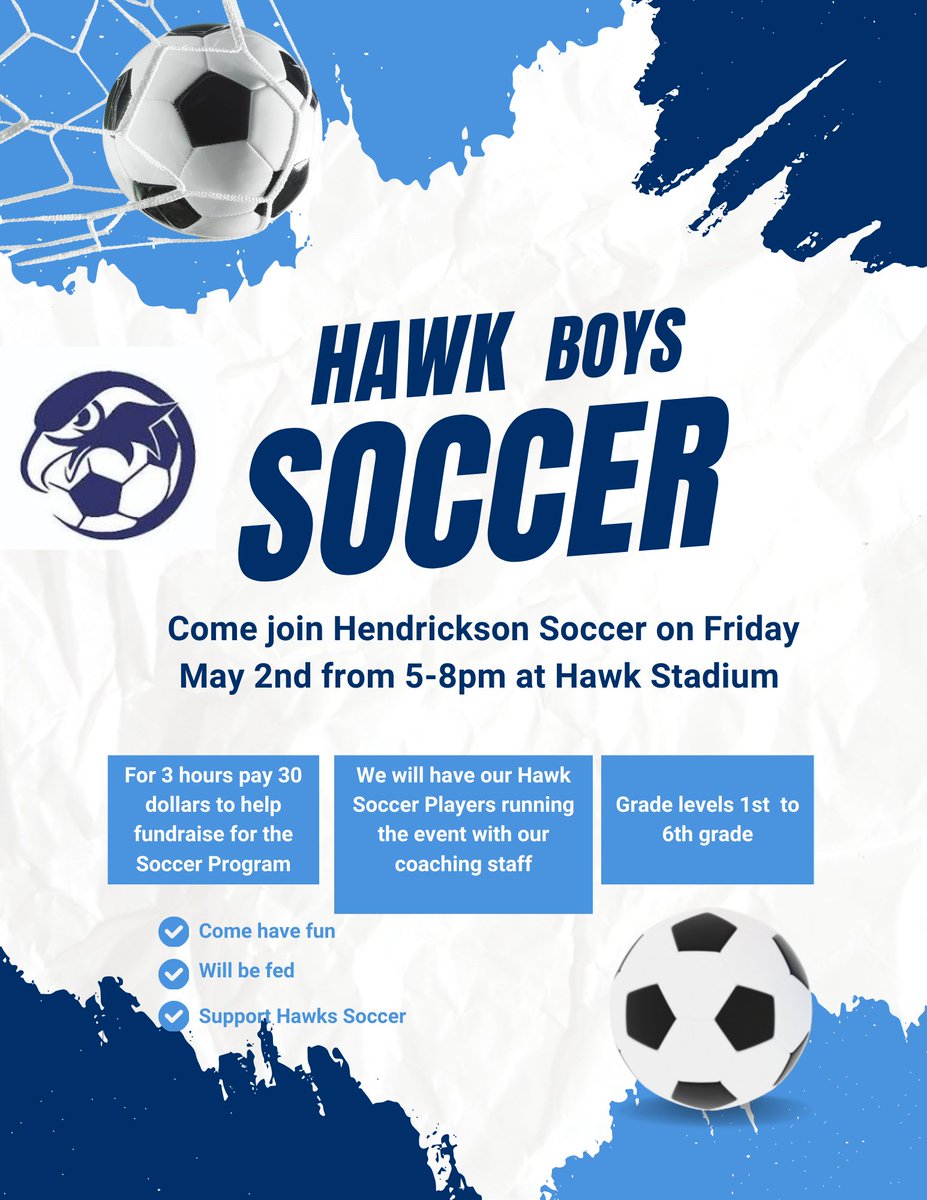 Hawk Soccer (@hawk_boyssoccer) on Twitter photo FRIDAY DATE NIGHT IDEA!!!
Due to UIL POLICY WE CAN ONLY ALLOW 1st GRADE to 6th GRADE ATHLETES. SIGN UP EARLY OR $ ACCEPTED AT EVENT.
Sign Up Link: vancoevents.com/us/DBQZ
Donation Link: vancoevents.com/us/donate/hawk…
<a href="/PfISDAthletics/">PfISD Athletics</a> <a href="/HendricksonFB/">Hawk Football</a> <a href="/HawkNationHHS/">HawkNation Principal</a> <a href="/ClubHendrickson/">Hendrickson Athletic Booster Club</a> FRIDAY DATE NIGHT IDEA!!!
Due to UIL POLICY WE CAN ONLY ALLOW 1st GRADE to 6th GRADE ATHLETES. SIGN UP EARLY OR $ ACCEPTED AT EVENT.
Sign Up Link: vancoevents.com/us/DBQZ
Donation Link: vancoevents.com/us/donate/hawk…
<a href="/PfISDAthletics/">PfISD Athletics</a> <a href="/HendricksonFB/">Hawk Football</a> <a href="/HawkNationHHS/">HawkNation Principal</a> <a href="/ClubHendrickson/">Hendrickson Athletic Booster Club</a>