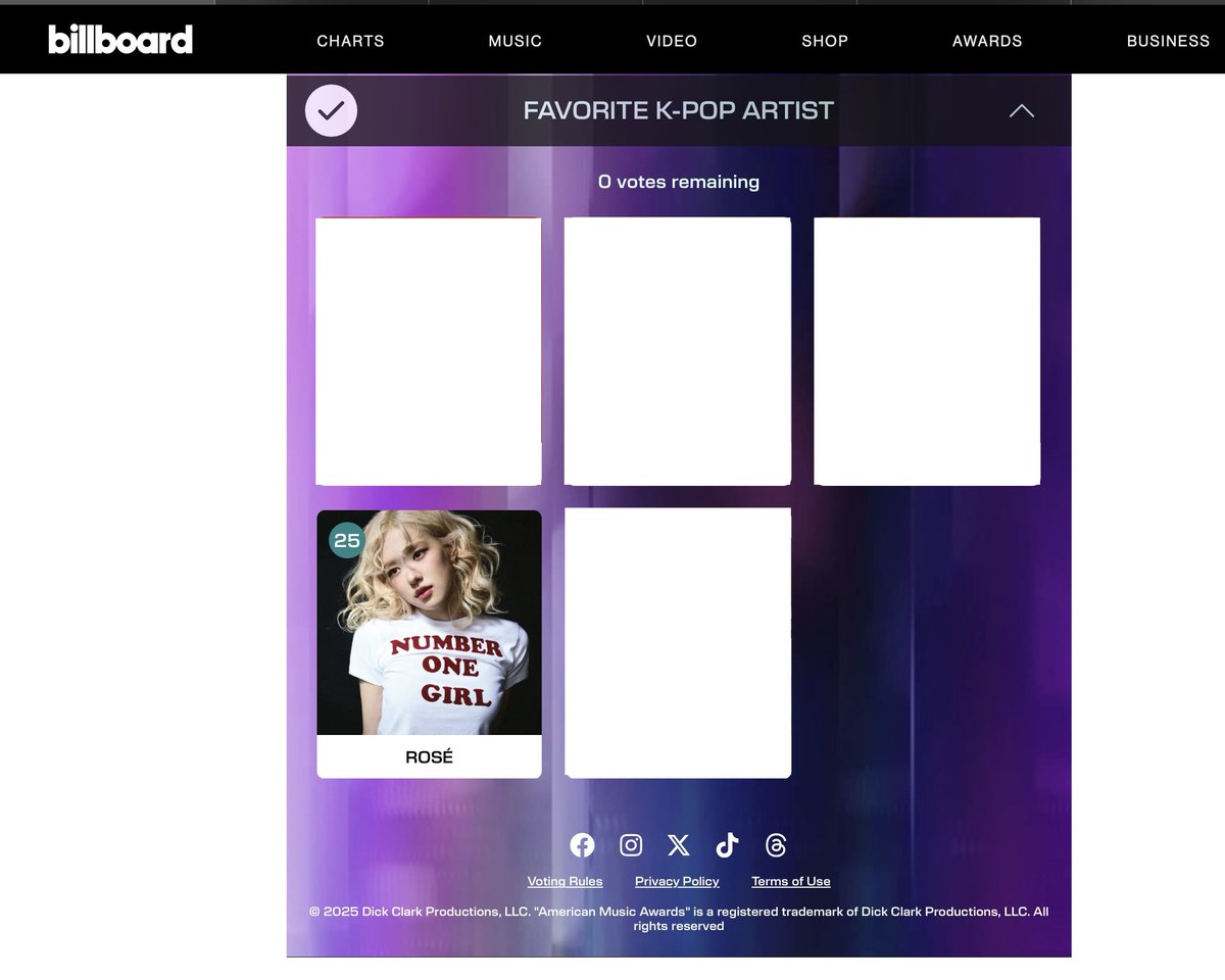 roseanneHQ_'s tweet photo. 🗳️ DON'T FORGET TO CAST YOUR VOTES TODAY!

2025 #AMAs web voting!

• Collaboration of the Year: APT. ROSÉ & Bruno Mars
• Favorite K-Pop Artist: ROSÉ

🔗https://t.co/3H7Y5E4vKy

Sign in with Facebook or Google, then vote 25x per category! 10 accounts per browser profile daily! Maximize your accounts! Always double-check if your votes are counted!

https://t.co/BU8mf0g0T7 | @numberoneHQ
#rosiebyROSÉ #ROSÉ