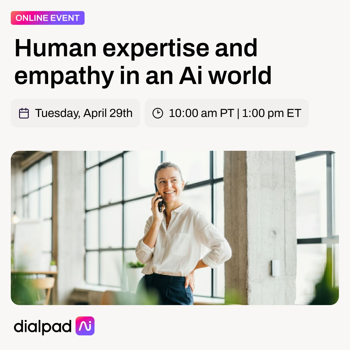 ⏰ Don't let the clock beat you!

It's your last chance to register for our insightful webinar happening tomorrow. 

Unlock the secret balance of Ai power and human empathy to redefine customer experience. 

Secure your place now: dialpad.com/events/human-e…