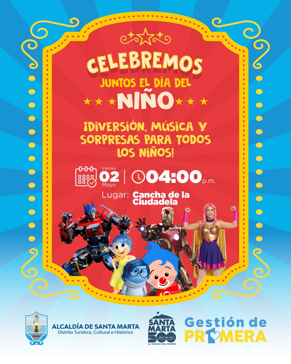 ¡Celebremos juntos el Día del Niño! 🎈

Te invitamos a vivir una tarde llena de diversión, música y sorpresas para todos los niños y niñas. ¡Será un día inolvidable para toda la familia!

📅 Fecha: Viernes 2 de mayo
🕓 Hora: 4:00 p.m.
📍 Lugar: Cancha de la Ciudadela