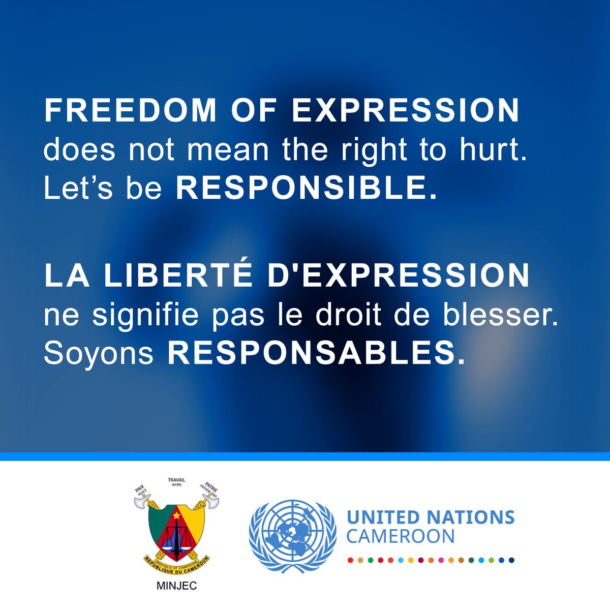 📌Dire ce que l’on pense, oui. Mais sans blesser, c’est mieux. Liberté d'expression rime avec responsabilité : engageons-nous !
-------------------------------------
#CampagneCivique2025  #AgirPourLeCameroun  #PaixEtVivreEnsemble  #MINJEC #JeunesseEngagée
<a href="/UN/">United Nations</a>