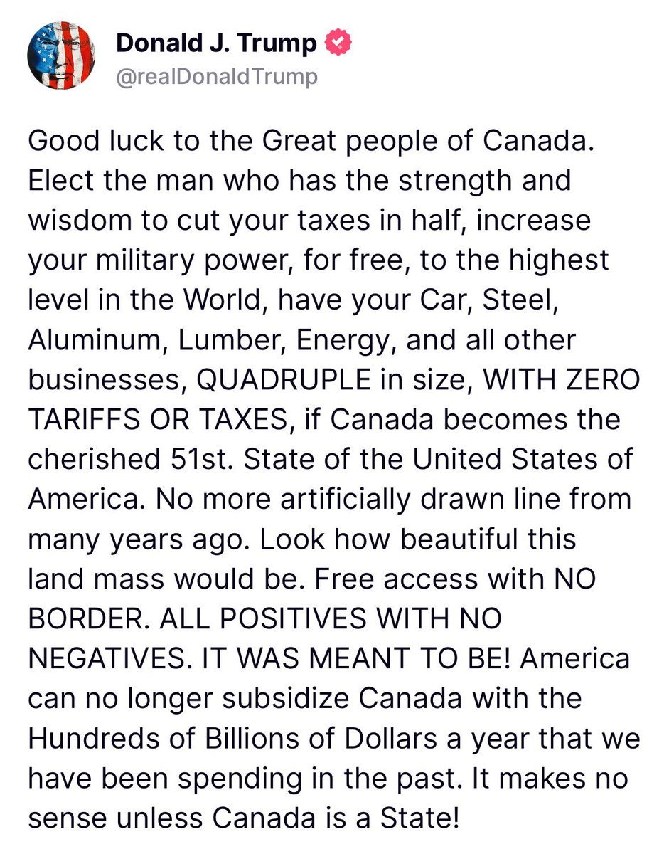 🔥BOOM!! President Trump tells Canadians: Vote for the man who will make Canada the 51st state.

"It was meant to be!"