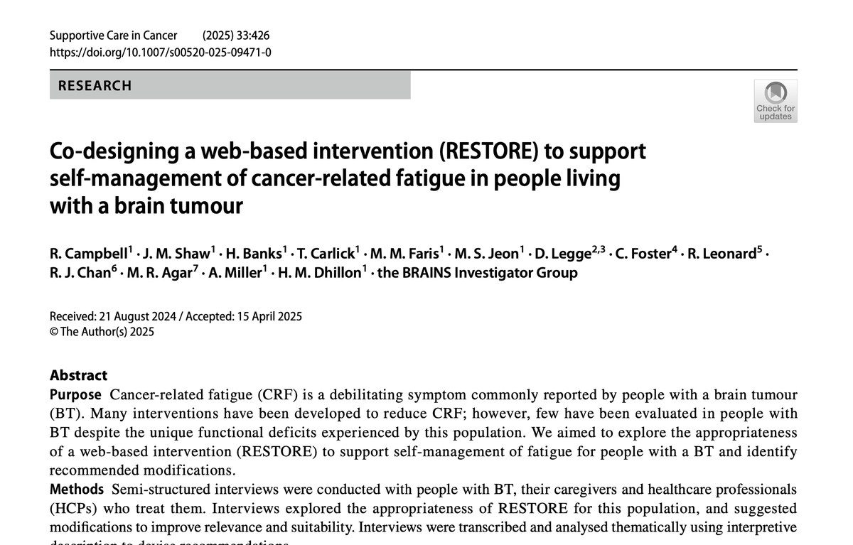 MASCC (@cancercaremascc) on Twitter photo New open-access article in <a href="/MASCC_JSCC/">Supportive Care in Cancer: Springer Journal</a>: Co-designing a web-based intervention (RESTORE) to support self-management of cancer-related fatigue in people living with a brain tumour
link.springer.com/article/10.100…
#SuppOnc New open-access article in <a href="/MASCC_JSCC/">Supportive Care in Cancer: Springer Journal</a>: Co-designing a web-based intervention (RESTORE) to support self-management of cancer-related fatigue in people living with a brain tumour
link.springer.com/article/10.100…
#SuppOnc