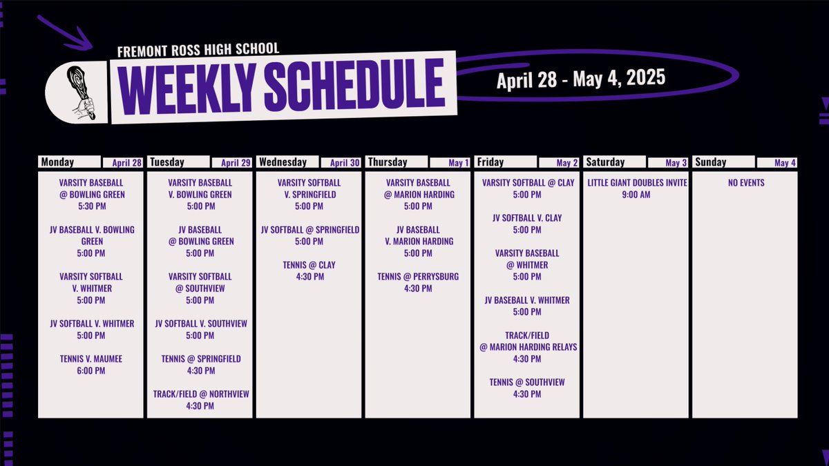 Here is a look at this week's events - we hope you will make an effort to come out and support our athletes in action.