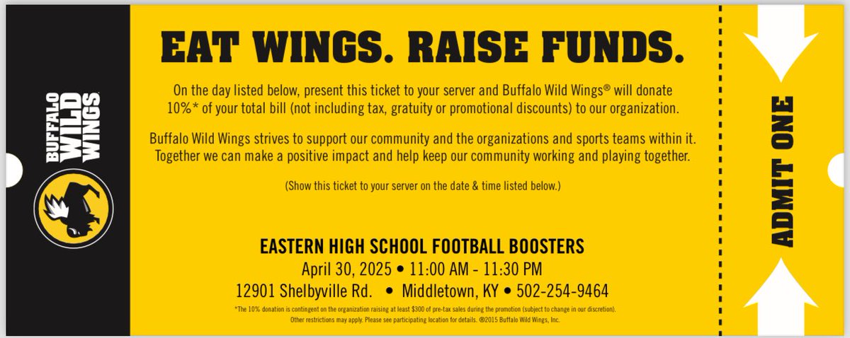 eaglesfb's tweet image. Come out and support Eastern High School football, this Wednesday, 4/30 at Buffalo Wild Wings. 🦅🦅