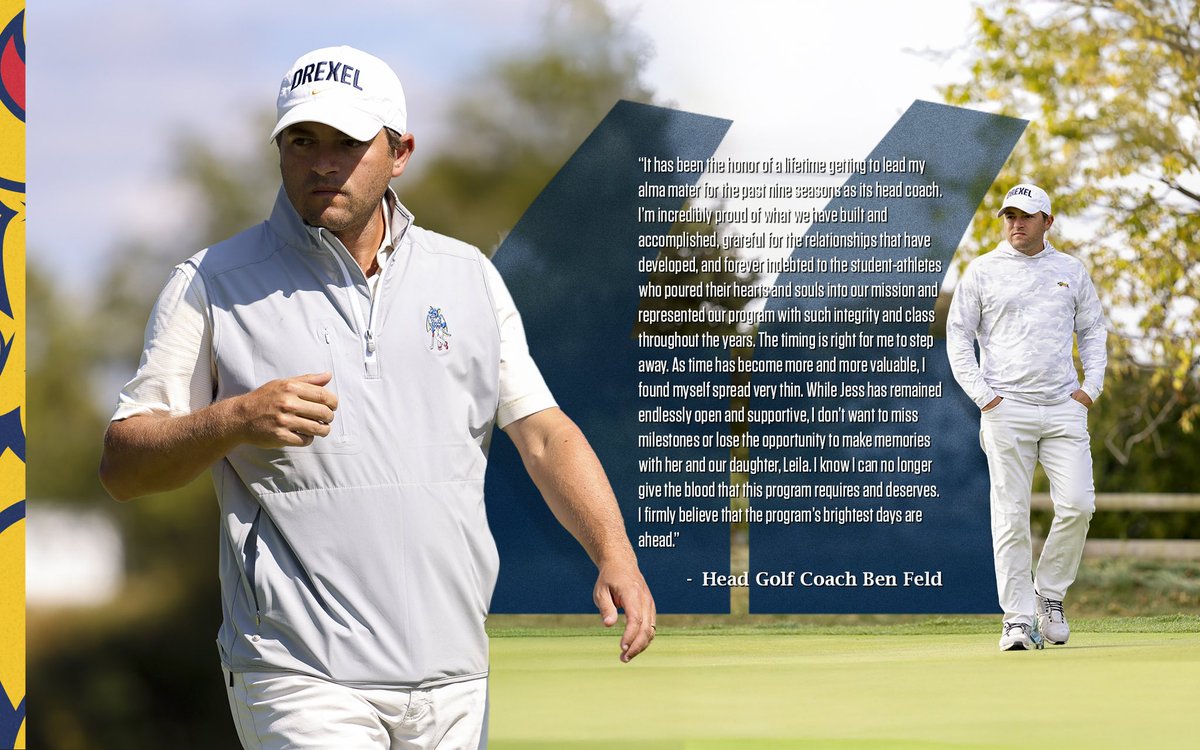 DrexelGolf's tweet image. Wishing nothing but the best for Head Golf Coach Ben Feld as he steps away from collegiate coaching after leading the Dragons for the past nine seasons.
