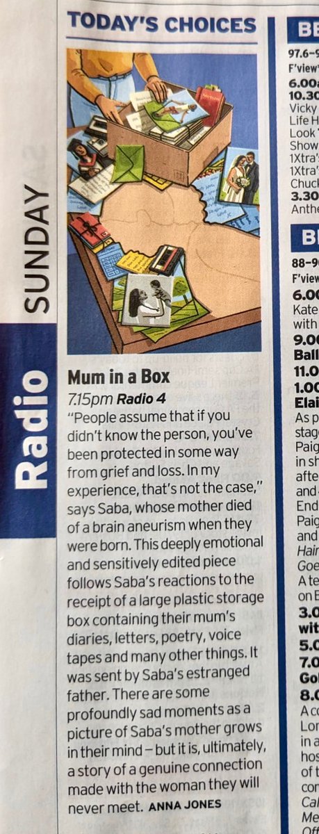 Christina Hardinge (@christinahardi_) on Twitter photo ✨Wonderful to see ‘Mum in a Box’ featured as a <a href="/RadioTimes/">Radio Times</a> pick of the week! ✨
“This deeply emotional and sensitively edited piece… is ultimately a story of genuine connection (between one person) and the mother they will never meet.”
<a href="/FallingTreeProd/">Falling Tree Radio</a> <a href="/BBCRadio4/">BBC Radio 4</a> ✨Wonderful to see ‘Mum in a Box’ featured as a <a href="/RadioTimes/">Radio Times</a> pick of the week! ✨
“This deeply emotional and sensitively edited piece… is ultimately a story of genuine connection (between one person) and the mother they will never meet.”
<a href="/FallingTreeProd/">Falling Tree Radio</a> <a href="/BBCRadio4/">BBC Radio 4</a>