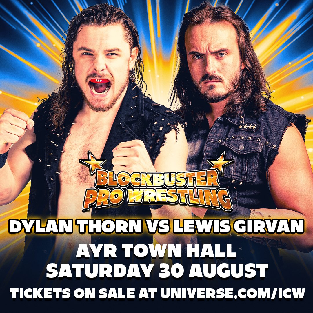 BlockbusterWres's tweet image. Ayrshire's @DylanThornPW will face off against Lewis Girvan at Ayr Town Hall on Saturday 30 August!
Get your tickets now for a packed night of family friendly wrestling at universe.com/icw