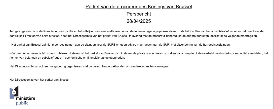 Brussels prosecutors are on a partial strike because of the under-financing of  the justice system. Interesting addition in the PR: "Given the alleged shortage of public funds, [we] will primarily focus on cases of government corruption, embezzlement of  public funds..." 🔥