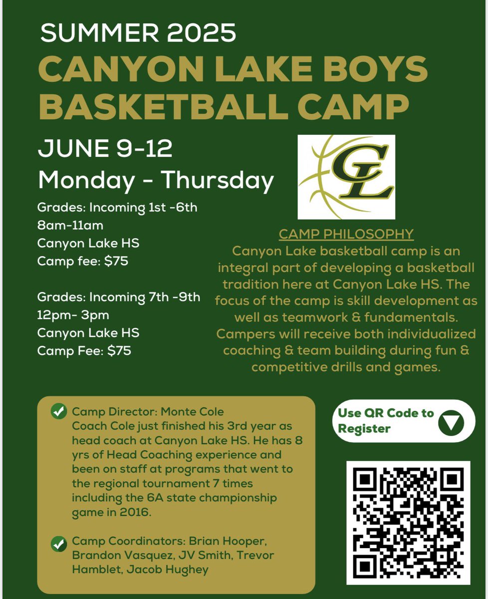 Summer is on the way and CLHS Boys Basketball is looking forward to a great week of camp! Get signed up and improve your skills and teamwork! 🏀#PUSH
<a href="/mvms_athletics/">MVMS Boys Athletics</a> <a href="/cisdnews/">Comal ISD</a>
