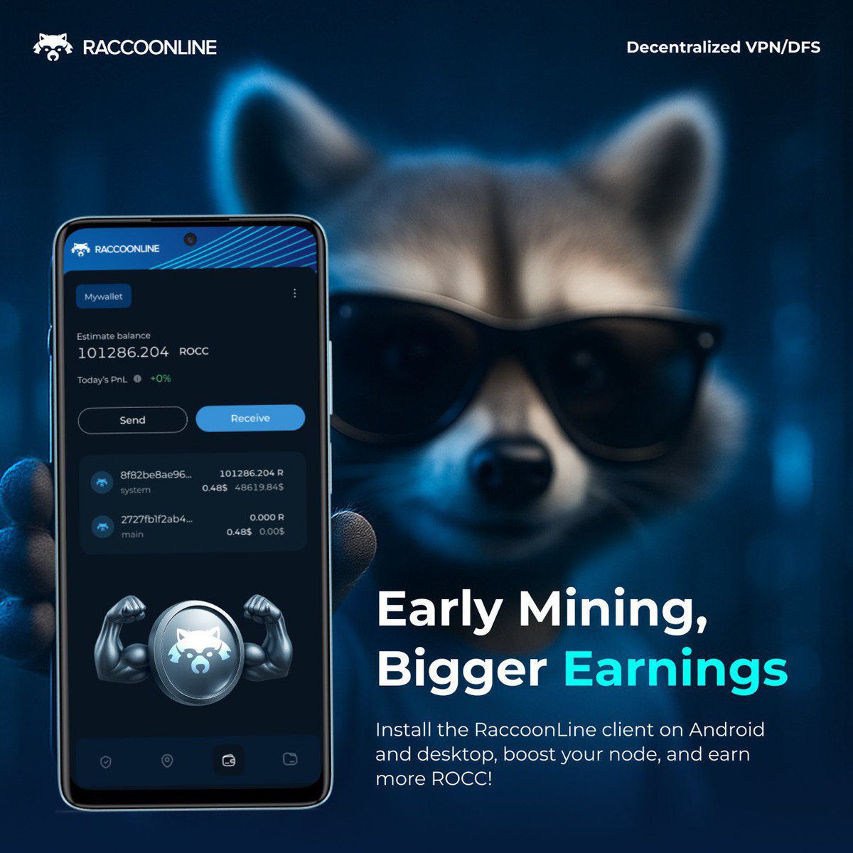 raccoonline_vpn's tweet image. Mine as much ROCC as you can during the early phase!😎

Install the RaccoonLine client on Android and desktop, boost your node’s power, maximize your efficiency, and earn ROCC tokens. 🚀

Download the client!
🔗 raccoonline.com/#download

#RaccoonLine #RaccoonLinedVPN #ROCCToken…
