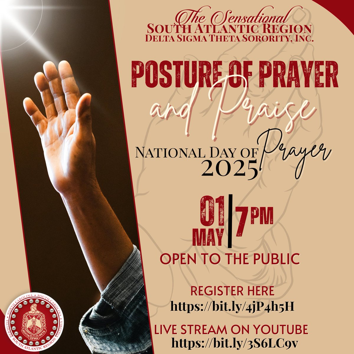 Join the Sensational South Atlantic Region this Thursday for an evening of prayer and praise as we gather for the National Day of Prayer.

🔺 Register now: bit.ly/4jP4h5H
🔺 Or join us live: bit.ly/3S6LC9v

We can’t wait to worship with you! #SensationalSAR