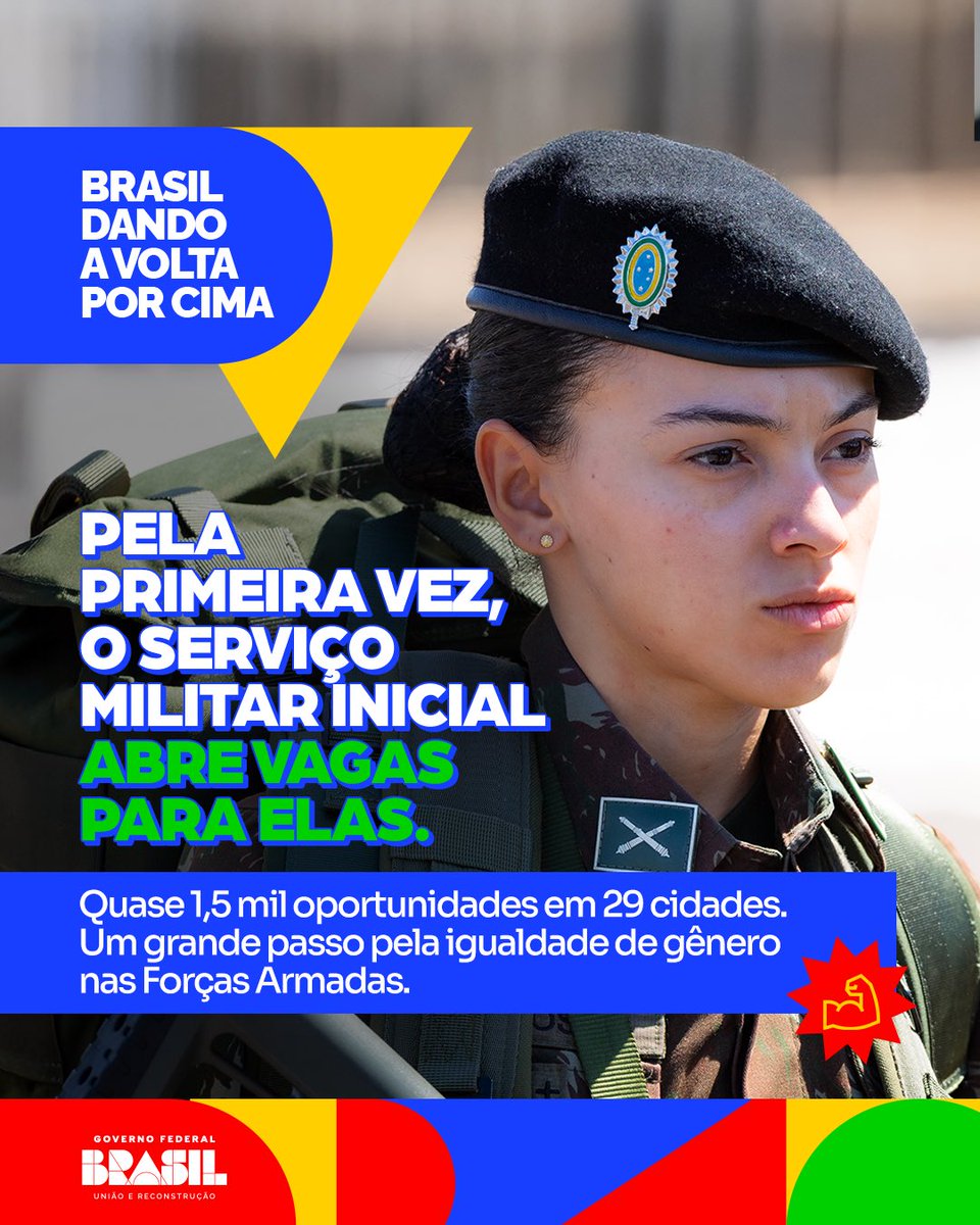 O Brasil está dando a volta por cima com mais inclusão e representatividade! Com a abertura de vagas do serviço militar para mulheres, já são 1,5 mil oportunidades em 29 cidades! 🎖🇧🇷